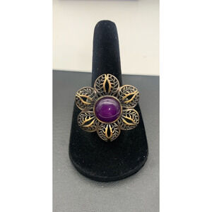 Amy Kahn Russell Ring Bronze Filigree Flower Purple Cabochon Size 7 Signed AKR